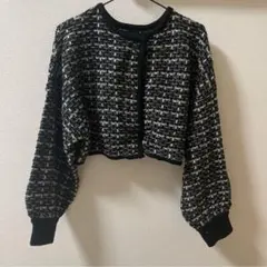 グレイル　ツイードニットカーディガン ショート丈 ボリューム袖 黒白