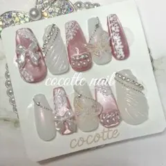 【現品】ネイルチップ 春 レース×蝶 マグネット フレンチガーリー ワンホン