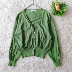 テチチ ショート丈 ニットカーデ Vネック ドルマンスリーブ風 グリーン F