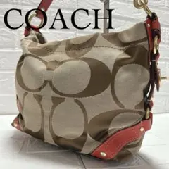 【美品】COACH コーチ シグネチャー バッグ ベージュ×レッド ワンハンド