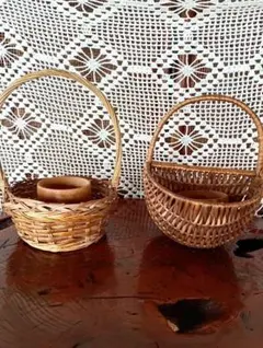 レトロ　竹細工 竹ヒゴ細工　竹の花かご 花籠 花器　2 点　中古　インテリア