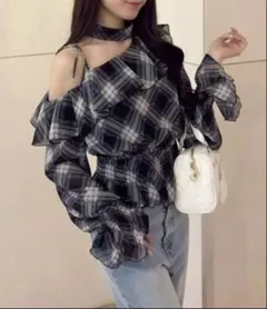 NICE CLAUP 2wayワンショルブラウス チェック Freeのサムネイル
