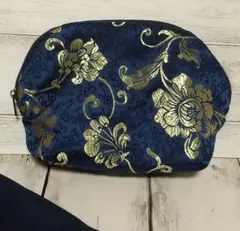 ネイビーと金の花柄刺繍ポーチ