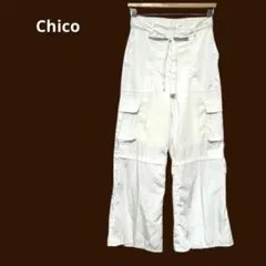 Chico カーゴパンツ ワイド フレア ウエストゴム ベルト 白 F 洗える