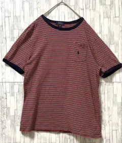 ポロラルフローレン 半袖 ボーダー リンガーネックTシャツ XL 刺繍ロゴレッド