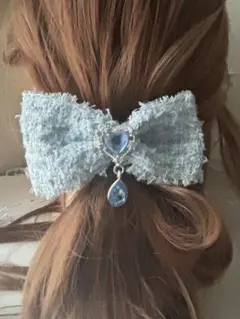 リボン ヘアクリップ 量産型 地雷 ゴスロリ ツイード 水色 ハート