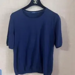 美品 Aquascutum ネイビー 半袖 ニット クルーネック綿100%のサムネイル