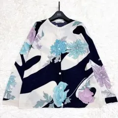 LEONARD テーラードジャケット 花柄 トリム ネイビー コットン100