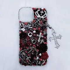 iPhone13.14 デコ電 デコケース 黒 赤 地雷系 ゴスロリ パンク