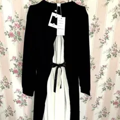 ロングワンピース　新品未使用品　タグ付　カットソー＆異素材　Aライン　黒　リボン