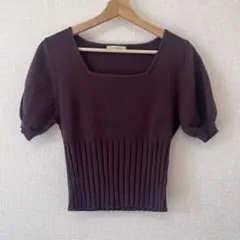 パープル スクエットネック 半袖ニット