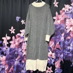 リブ編みニットワンピース グレーアイボリー