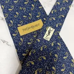 Yves Saint Laurent ネクタイ 総柄 ブルー系 葉っぱのデザイン