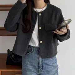 callautia ウールライクゴールドボタンノーカラージャケット ダークグレー