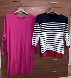 2枚セット　S〜ドルマンスリーブ サマーニット＆Vネック ボーダー カットソー