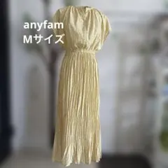 anyFAM イエロー系小花柄プリーツロングワンピース　フレンチスリーブ　美品M
