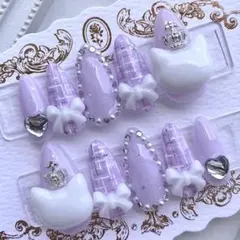 ネイルチップ 量産型 地雷 サブカル 天使界隈 紫 白 リボン 猫 ハート