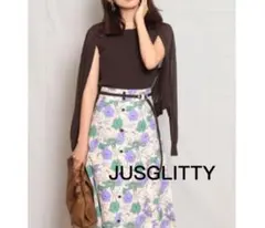 美品希少ジャスグリッティーフラワープリントフレアスカートリネン麻混入