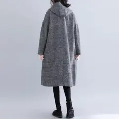 グレー系チェック フード付きロングコート