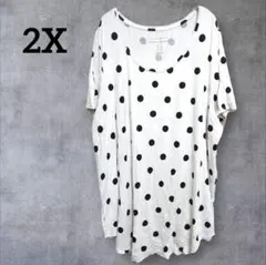 ドット柄　チュニック　【2X】 半袖　薄いグレー　大きいサイズ　ゆったり