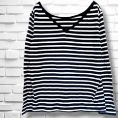 バビロン　ロンT　長袖Tシャツ　３８　紺白　ボーダー　Vネック　着回し　シンプルのサムネイル