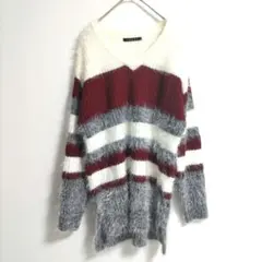 〈イング〉長袖ニット　モヘア　マルチボーダー　白✕グレー✕赤系　М