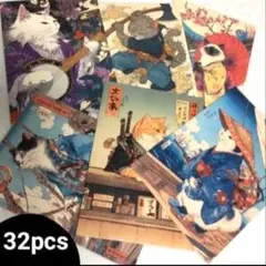 和風 日本画風 浮世絵風 猫がテーマのポストカード 32枚セット