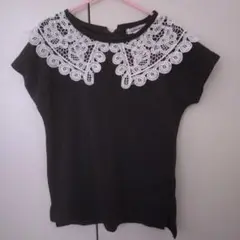 グローバルワーク レース襟 黒 半袖Tシャツ 120cm モノトーンTシャツ