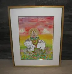 山下清色紙マジック画 肉筆 虫とカタツムリの図 人が描いたもの 額装