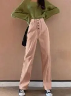 ハイウエスト パンツ ジーンズ ピンクベージュ ストレートレッグジーンズ