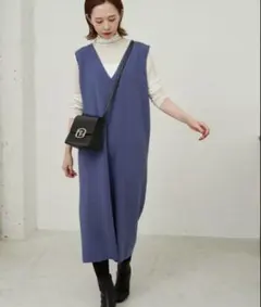 ブルー Vネック ジャンパースカート