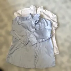 水色11号 七分 ピンク13号のストライプ 長袖 フリル付きシャツ2点セット