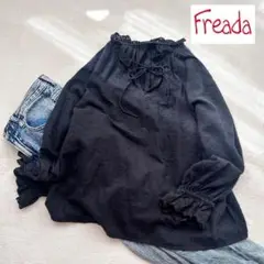 ❁ Freada 　刺繍ブラックブラウス 　パフスリーブ 　インド綿 　フリル