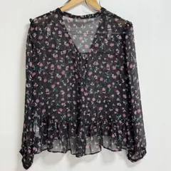 ZARA 花柄シフォンブラウス L ブラック 小花柄 フリル 長袖