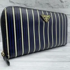 【激レア・美品】プラダ　ラウンドファスナー　三角ロゴ　サフィアーノ　ストライプ
