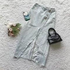 ザラ デニムロングスカート フロントスリット XS きれいめ ボタンデザイン