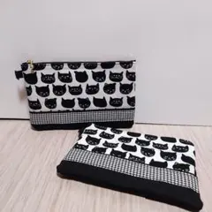 【黒猫デザイン☆マルチケース2つ】白黒猫顔☆通帳ケース★フラット《ハンドメイド》