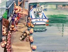 底網引き船(水彩画額縁付き) 底網引き船(水彩画額縁付き) - メルカリ