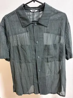 UNIQLO 半袖シャツ L ダークグリーン ストライプ