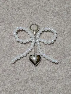 パール リボン ハート チャーム キーホルダー