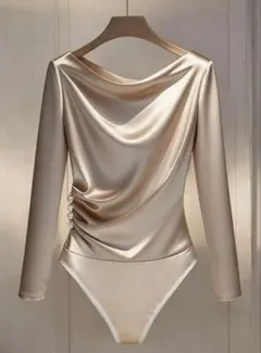 光沢サテン　通勤用ウィメンズ 長袖サイドボタンディテール スリムボディスーツ