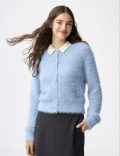 GU シャイニークルーネックカーディガン　ブルー 長袖カーディガン　水色