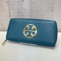 TORY BURCHターコイズ ブルーレザー 長財布 ゴールドファスナー