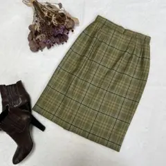 美品☆プリドール オリーブグリーン チェック柄 膝丈 シルク混 タイトスカート