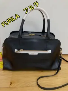 FURLAフルラ 2way ボストンバッグ ショルダー レザー ポーチ 黒×白