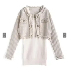 GRL フリンジツイードカーディガン×リブミニワンピースニットセットアップ