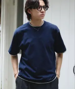 ネイビー×グレー レイヤード風 半袖短丈Tシャツ