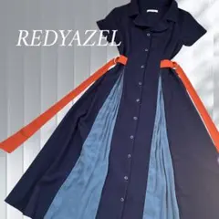 REDYAZEL 配色ダブルバックルシャツ半袖ワンピース　ロングワンピース