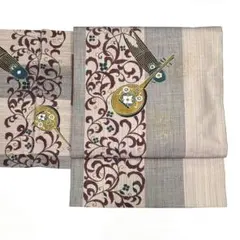 京袋帯 結城紬 正絹 螺鈿 灰紫 楽器 中古 so765のサムネイル