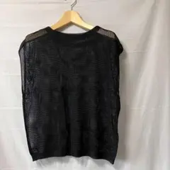 重ね着ベストフレンチスリーブ 重ね着ニット 黒 フリーサイズ 透かし編みトップス